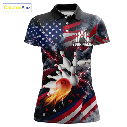 Lightning Black American Flag Flame Bowling Jersey For Women Custom Patriotic Bowling Team Shirts TDM7797