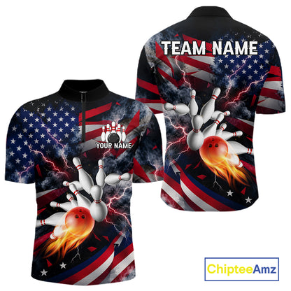 Lightning Black American Flag Flame Bowling Jersey For Men Custom Patriotic Bowling Team Shirts TDM7797