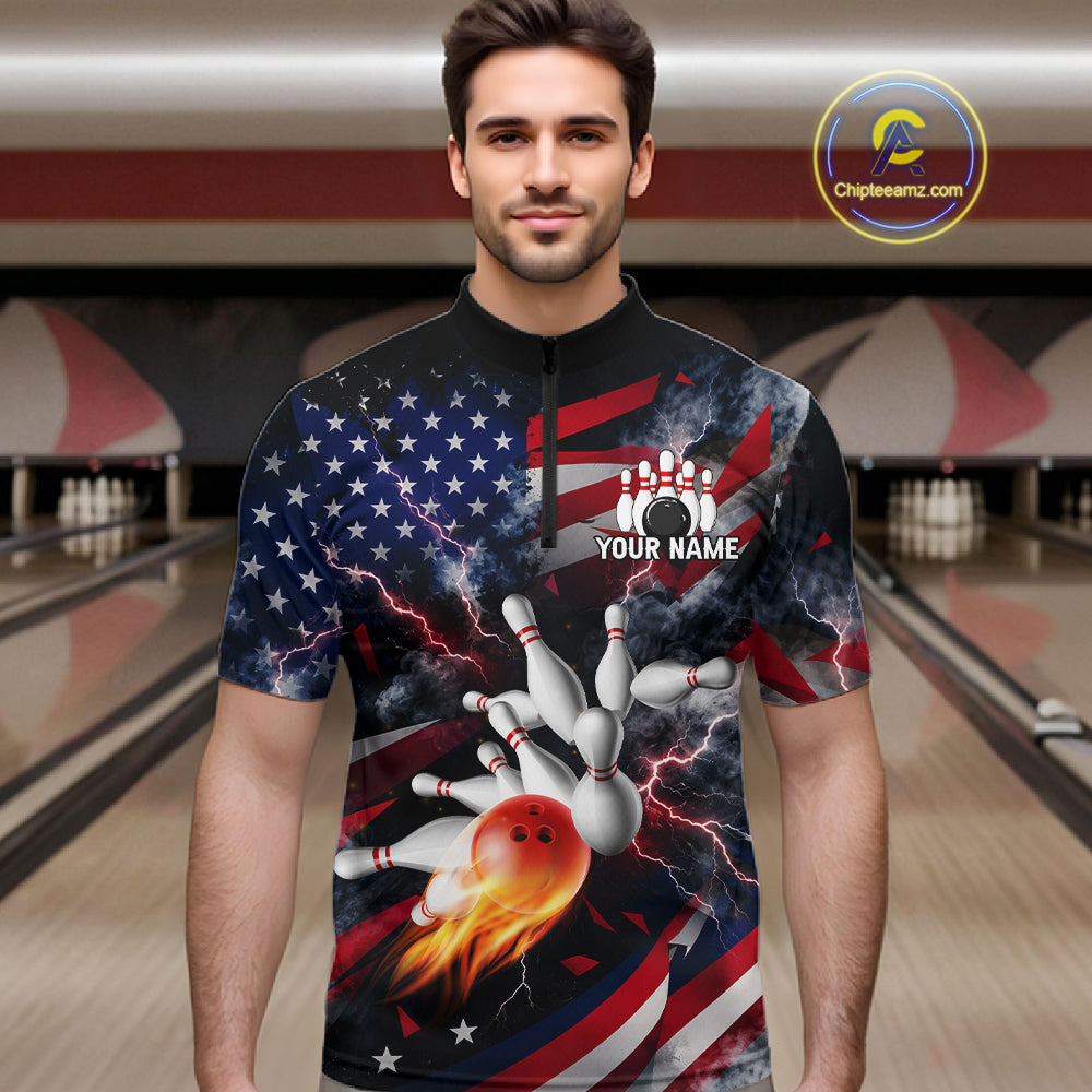 Lightning Black American Flag Flame Bowling Jersey For Men Custom Patriotic Bowling Team Shirts TDM7797