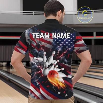 Lightning Black American Flag Flame Bowling Jersey For Men Custom Patriotic Bowling Team Shirts TDM7797
