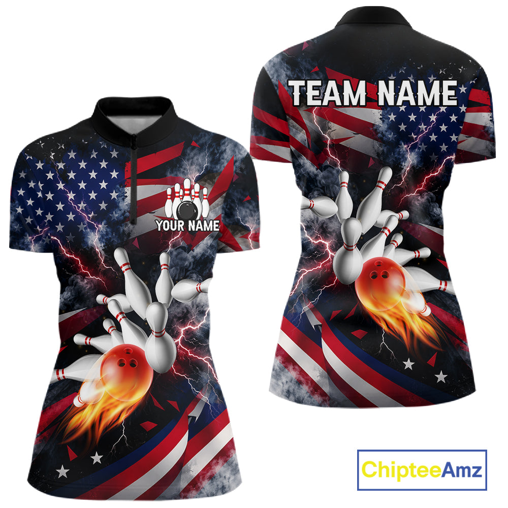 Lightning Black American Flag Flame Bowling Jersey For Women Custom Patriotic Bowling Team Shirts TDM7797