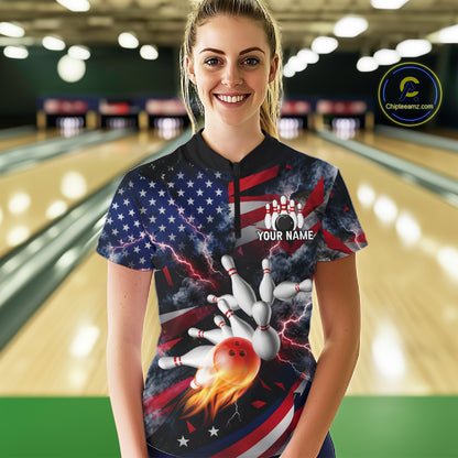 Lightning Black American Flag Flame Bowling Jersey For Women Custom Patriotic Bowling Team Shirts TDM7797