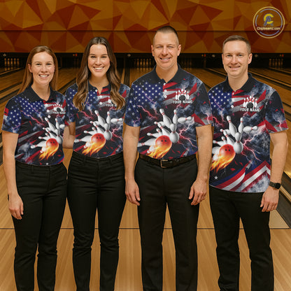 Lightning Black American Flag Flame Bowling Jersey For Men Custom Patriotic Bowling Team Shirts TDM7797