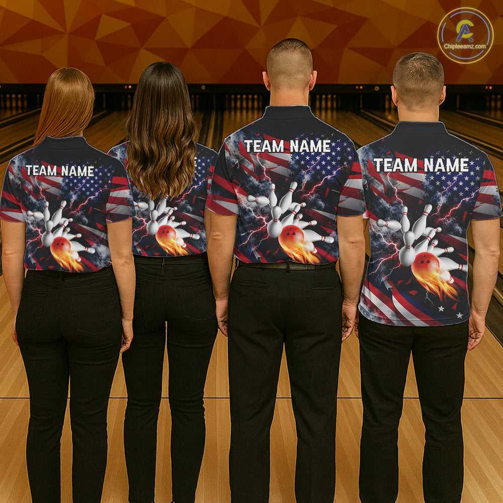 Lightning Black American Flag Flame Bowling Jersey For Men Custom Patriotic Bowling Team Shirts TDM7797
