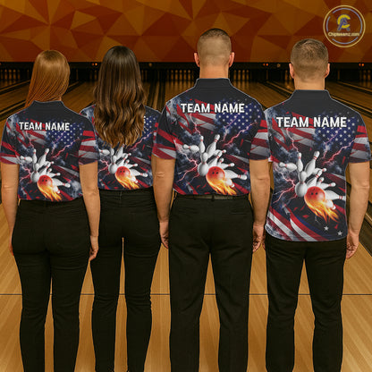 Lightning Black American Flag Flame Bowling Jersey For Men Custom Patriotic Bowling Team Shirts TDM7797