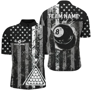 Custom Black Grunge US Flag Patriotic Billiard Shirt For Men Retro 8 Ball Pool Billiard Team Jersey TDM2935