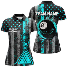 Load image into Gallery viewer, Custom Turquoise Grunge US Flag Patriotic Billiard Shirt For Women Retro 8 Ball Pool Billiard Jersey TDM2936