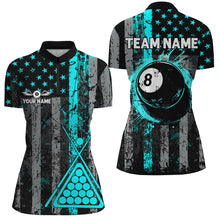 Load image into Gallery viewer, Custom Turquoise Grunge US Flag Patriotic Billiard Shirt For Women Retro 8 Ball Pool Billiard Jersey TDM2936