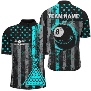 Custom Turquoise Grunge US Flag Patriotic Billiard Shirt For Men Retro 8 Ball Pool Billiard Jersey TDM2936