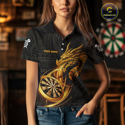 Black And Golden Custom Tribal Dragon Darts Shirt For Women, Darts Team Jersey Polo & Quarter Zip TDM5390