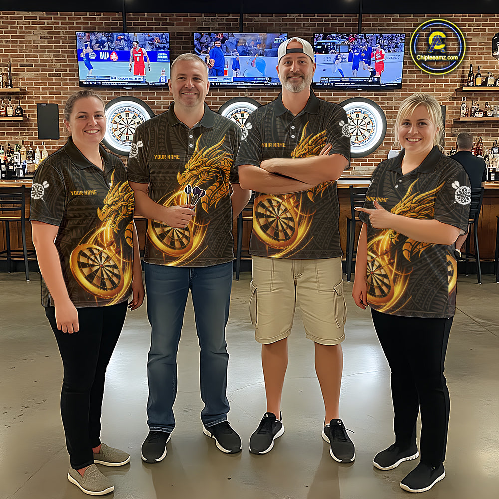 Black And Golden Custom Tribal Dragon Darts Shirt For Women, Darts Team Jersey Polo & Quarter Zip TDM5390