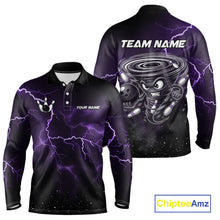 Load image into Gallery viewer, Personalized Thunder Lightning Tornado Funny Bowling Shirt For Men, Bowling Team Jersey |Purple TDM5394