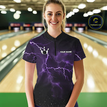 Load image into Gallery viewer, Personalized Thunder Lightning Tornado Funny Bowling Shirt For Women, Bowling Team Jersey |Purple TDM5394