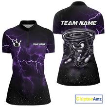 Load image into Gallery viewer, Personalized Thunder Lightning Tornado Funny Bowling Shirt For Women, Bowling Team Jersey |Purple TDM5394
