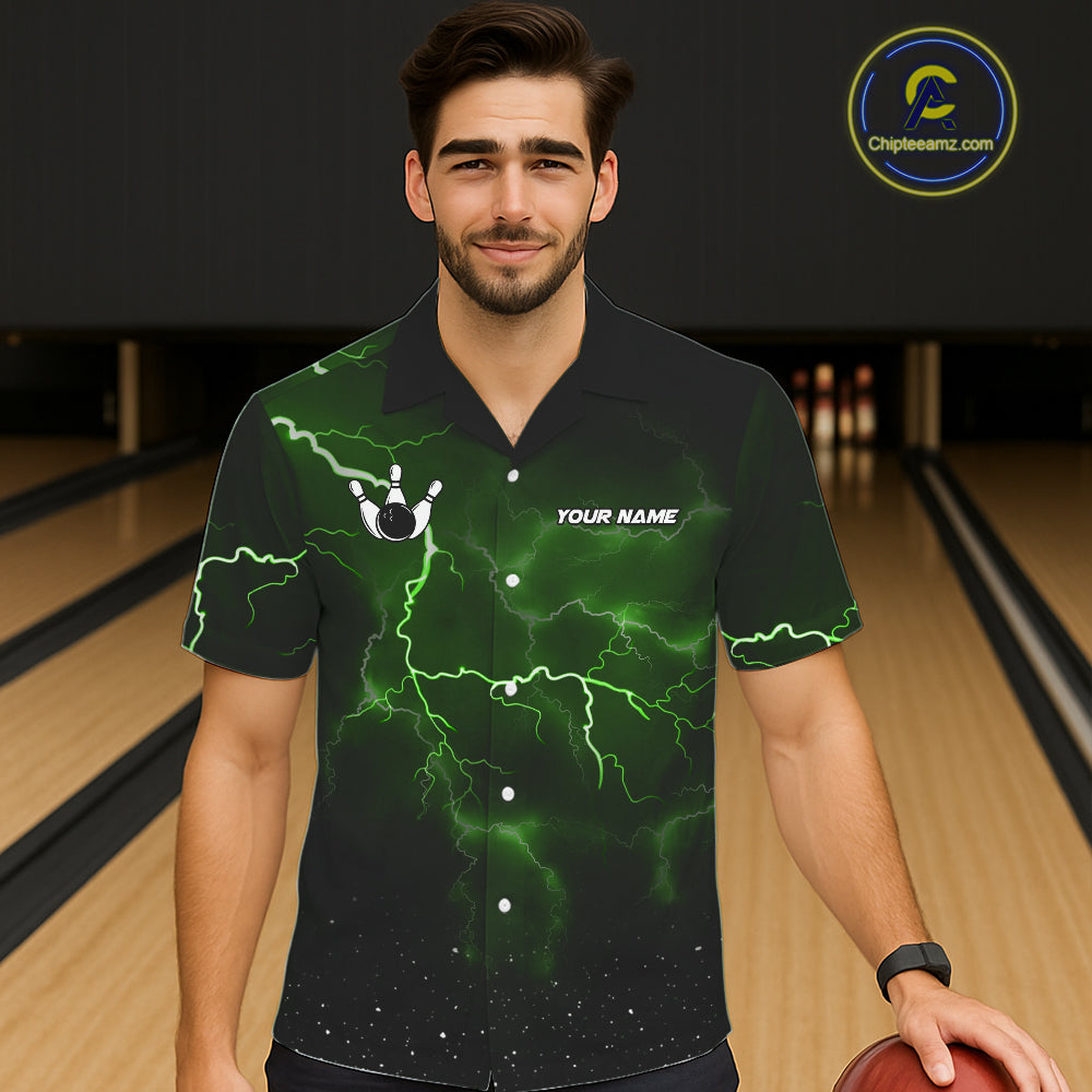 Green Funny Thunder Lightning Tornado Bowling Hawaiian Shirt Custom Bowling Jersey Team Men & Women TDM5395