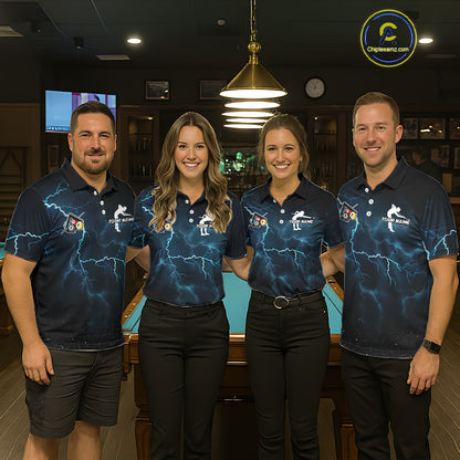 Blue Funny 8 Ball Pool Billiard Shirt For Men Custom Thunder Lightning Billiard Team Jersey TDM5397