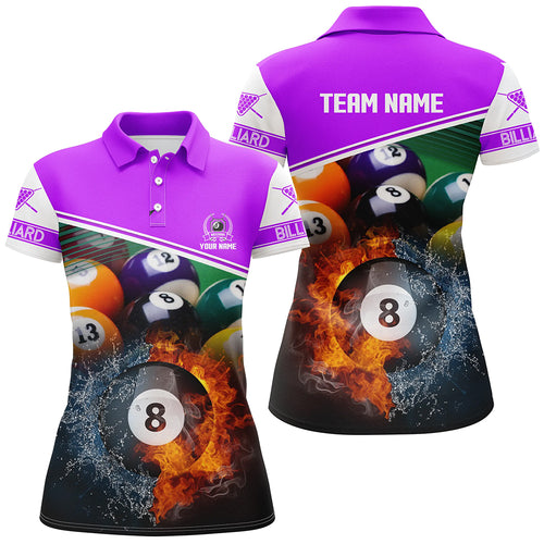 Custom Name Billiard 8 Ball In Fire And Water 3D Polo Shirts For Women, Gifts For Billiard Player TDM1072