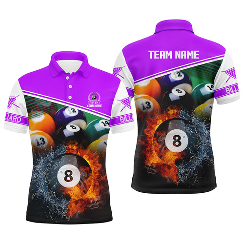 Custom Name Billiard 8 Ball In Fire And Water 3D Polo Shirts For Men, Gifts For Billiard Player TDM1072