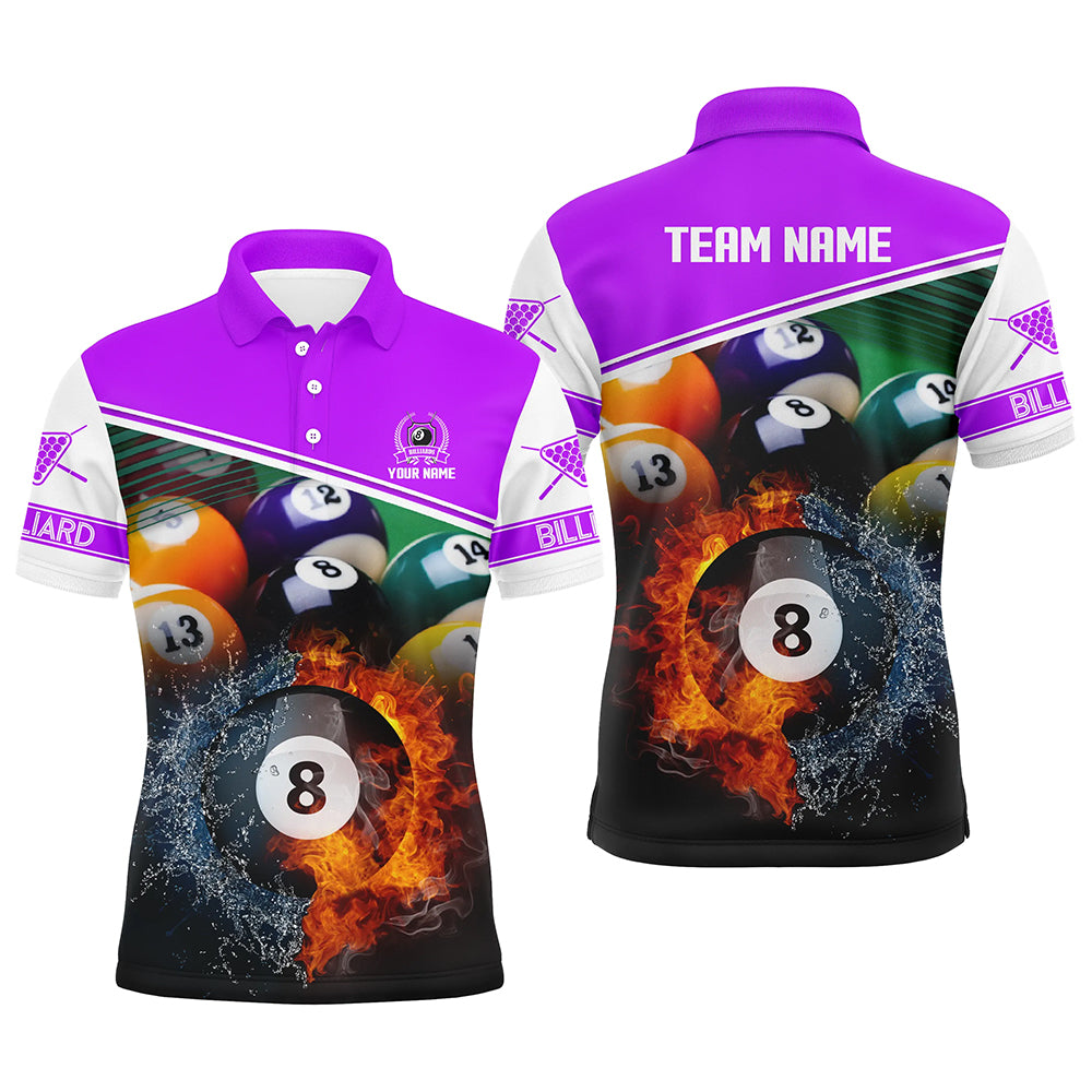Custom Name Billiard 8 Ball In Fire And Water 3D Polo Shirts For Men, Gifts For Billiard Player TDM1072