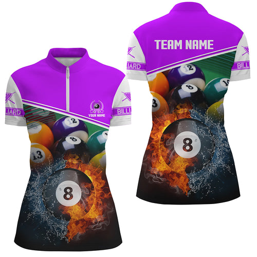 Custom Name Billiard 8 Ball In Fire And Water 3D Women Quarter-Zip Shirts, Gift For Pooler TDM1072