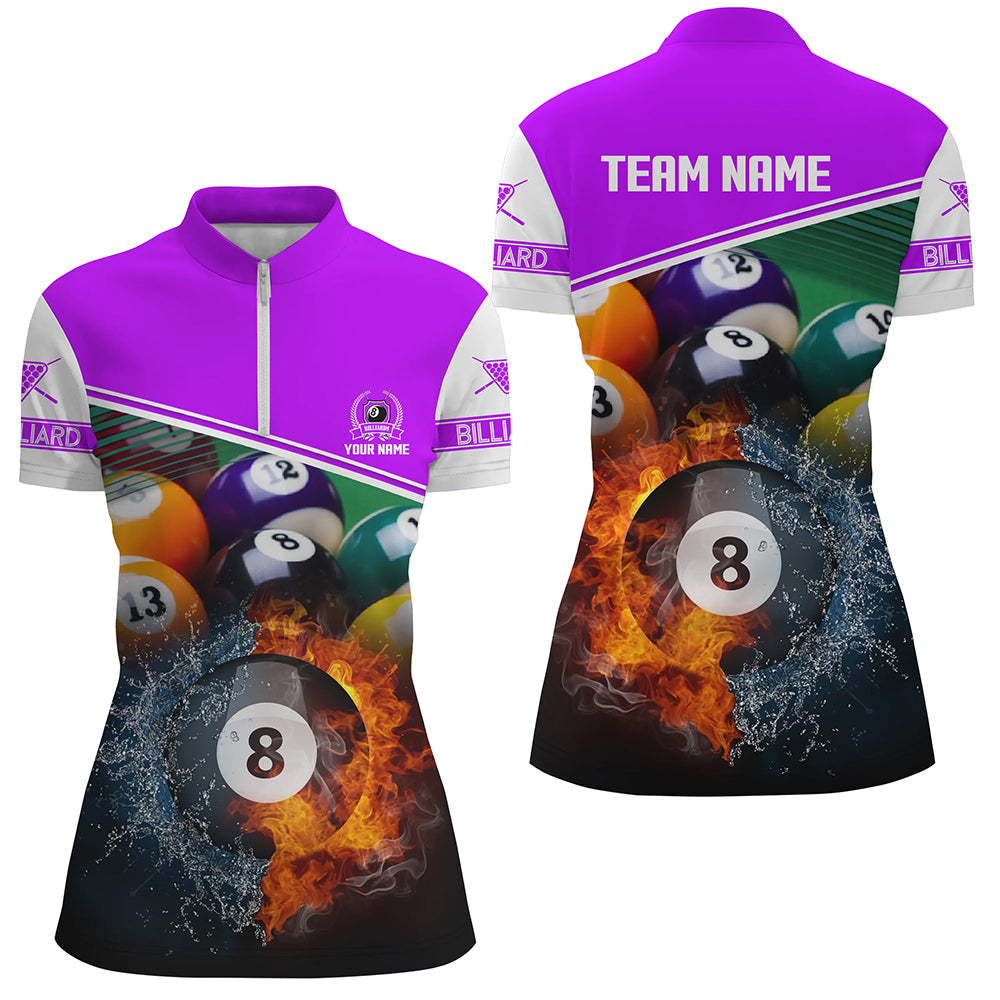 Custom Name Billiard 8 Ball In Fire And Water 3D Women Quarter-Zip Shirts, Gift For Pooler TDM1072
