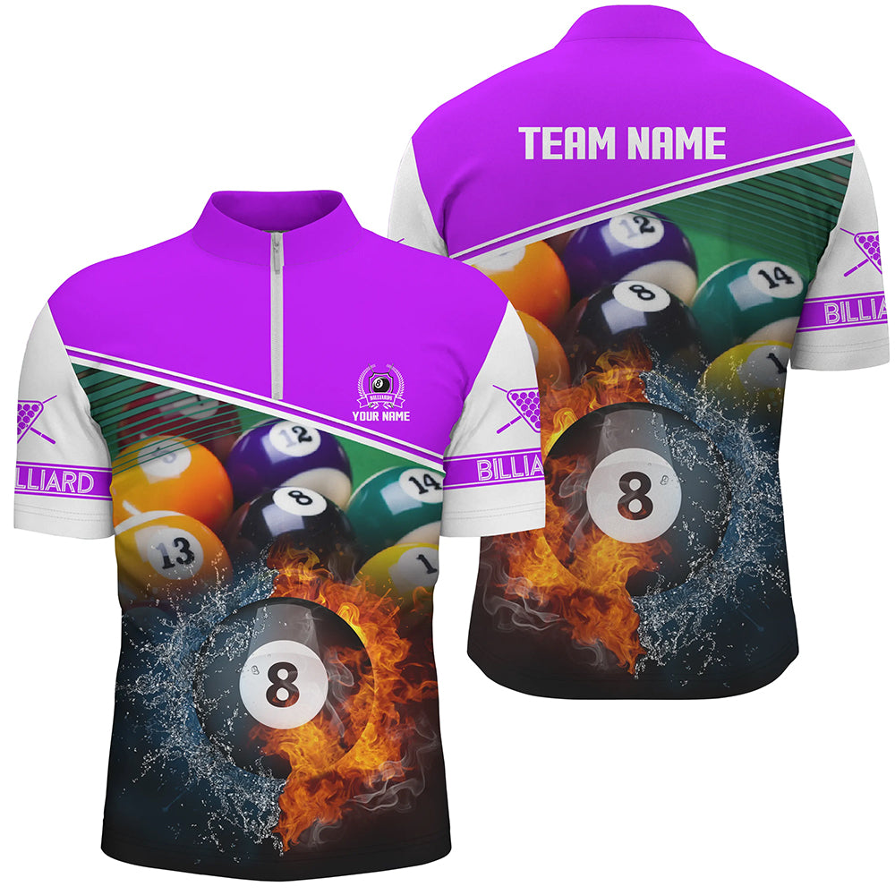 Custom Name Billiard 8 Ball In Fire And Water 3D Men Quarter-Zip Shirts, Gift For Pooler TDM1072