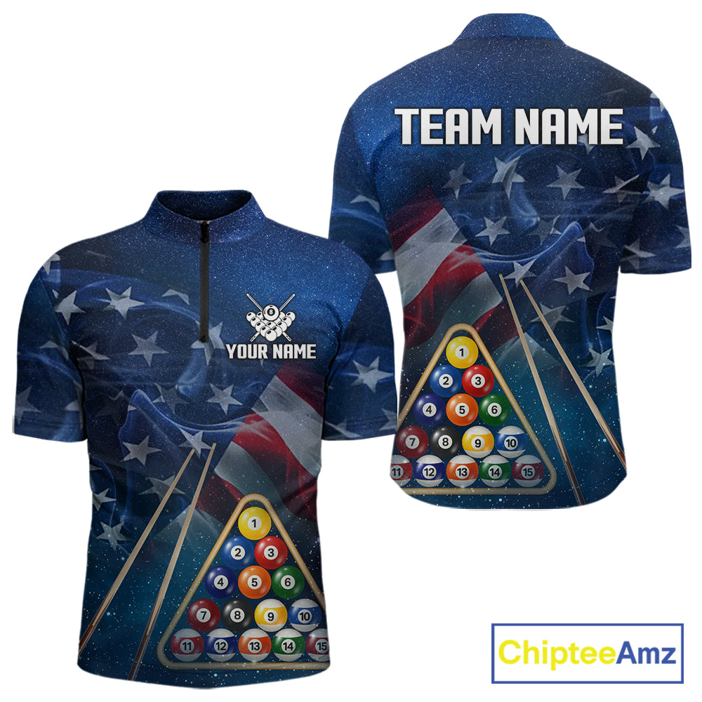 American Flag Blue Galaxy Billiard Shirt For Men Custom 8 Ball Pool Team Jersey Polo & 1/4 Zip TDM5885
