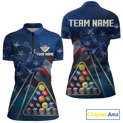 American Flag Blue Galaxy Billiard Shirt For Women Custom 8 Ball Pool Team Jersey Polo & 1/4 Zip TDM5885