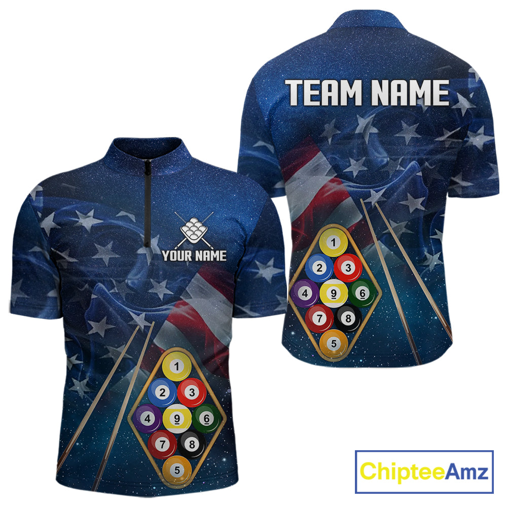 American Flag Blue Galaxy Billiard Shirt For Men Custom 9 Ball Pool Team Jersey Polo & 1/4 Zip TDM5886