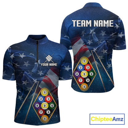 American Flag Blue Galaxy Billiard Shirt For Men Custom 9 Ball Pool Team Jersey Polo & 1/4 Zip TDM5886