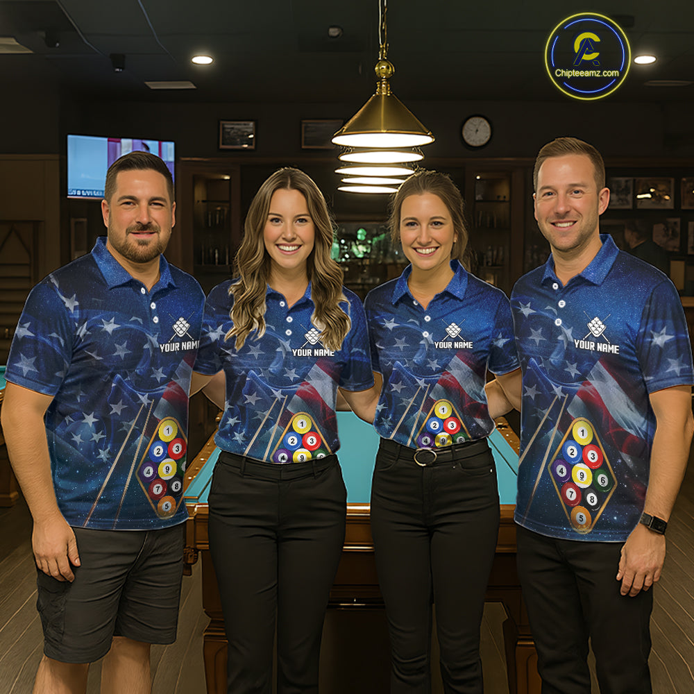 American Flag Blue Galaxy Billiard Shirt For Women Custom 9 Ball Pool Team Jersey Polo & 1/4 Zip TDM5886