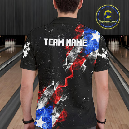 Personalize Puerto Rico Flag Smoke Bowling Shirt For Men Custom Patriotic Bowling Team Jersey TDM6022