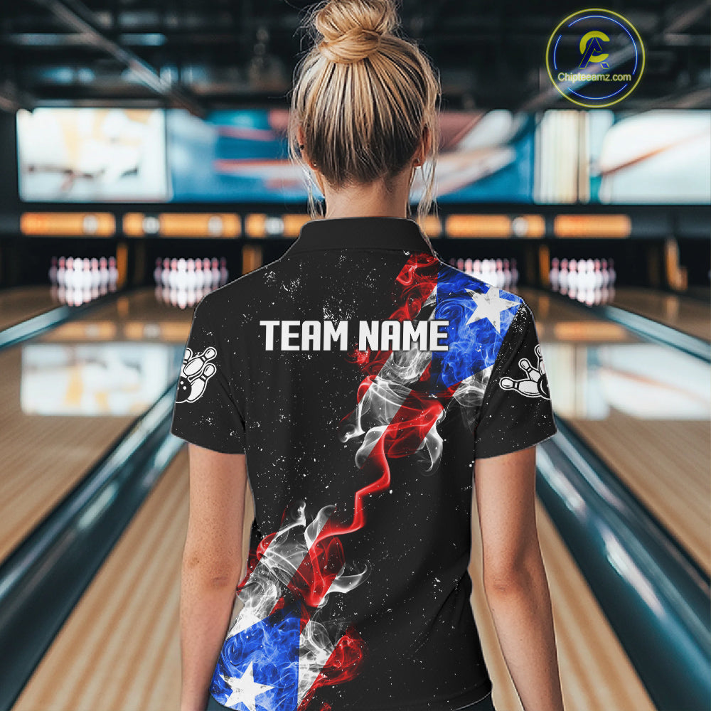 Personalize Puerto Rico Flag Smoke Bowling Shirt For Women Custom Patriotic Bowling Team Jersey TDM6022