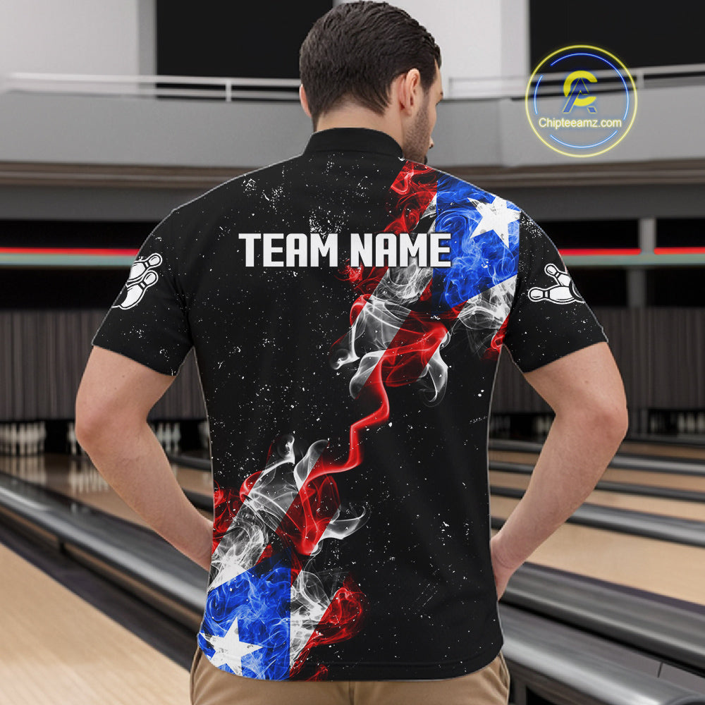 Personalize Puerto Rico Flag Smoke Bowling Shirt For Men Custom Patriotic Bowling Team Jersey TDM6022