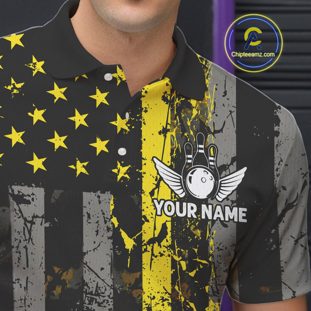 Yellow Grunge American Flag Patriotic Bowling Shirts For Men Custom Bowling Jersey Polo & 1/4 Zip TDM6288