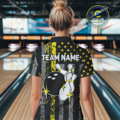 Yellow Grunge American Flag Patriotic Bowling Shirts For Women Custom Bowling Jersey Polo & 1/4 Zip TDM6288
