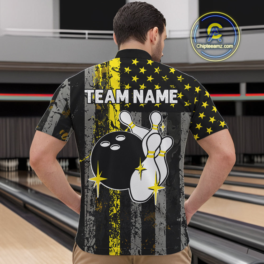 Yellow Grunge American Flag Patriotic Bowling Shirts For Men Custom Bowling Jersey Polo & 1/4 Zip TDM6288
