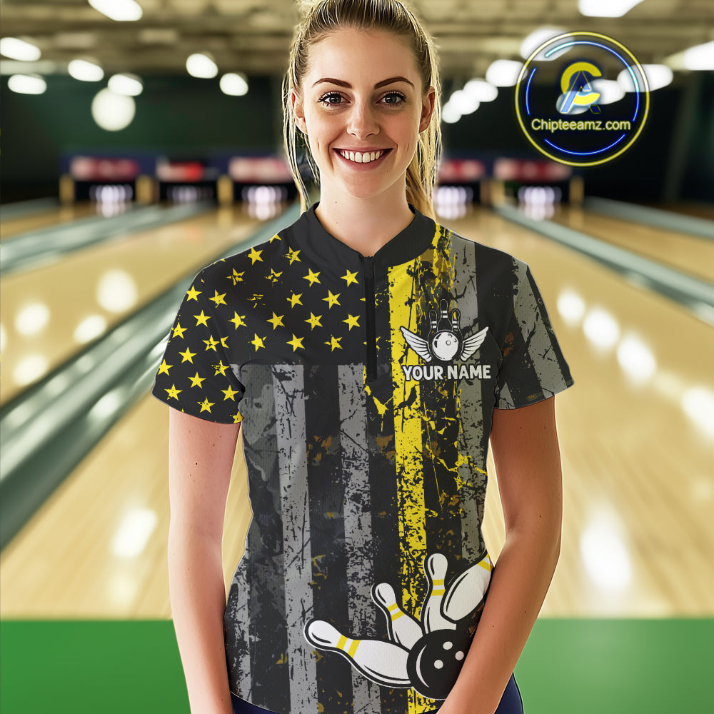 Yellow Grunge American Flag Patriotic Bowling Shirts For Women Custom Bowling Jersey Polo & 1/4 Zip TDM6288