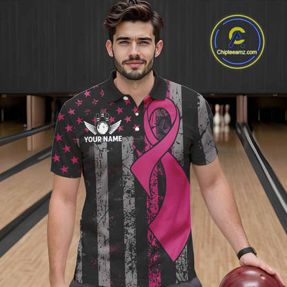 Custom Pink Ribbon Grunge American Flag Bowling Shirt For Men, Breast Cancer Bowling Team Jersey TDM6289