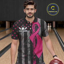 Load image into Gallery viewer, Custom Pink Ribbon Grunge American Flag Bowling Shirt For Men, Breast Cancer Bowling Team Jersey TDM6289