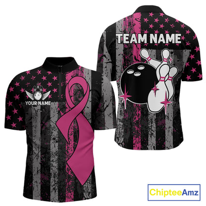 Custom Pink Ribbon Grunge American Flag Bowling Shirt For Men, Breast Cancer Bowling Team Jersey TDM6289