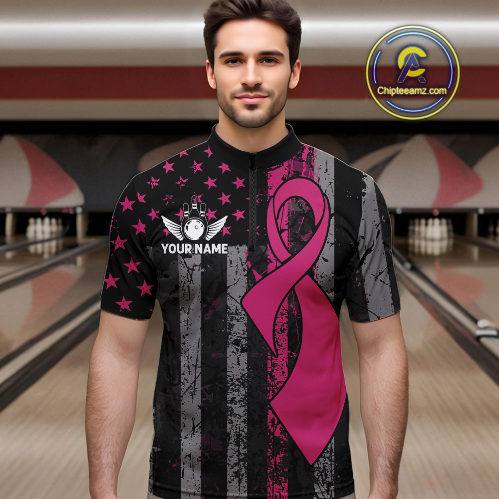 Custom Pink Ribbon Grunge American Flag Bowling Shirt For Men, Breast Cancer Bowling Team Jersey TDM6289