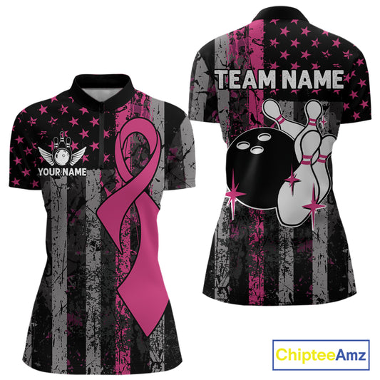 Custom Pink Ribbon Grunge American Flag Bowling Shirt For Women, Breast Cancer Bowling Team Jersey TDM6289