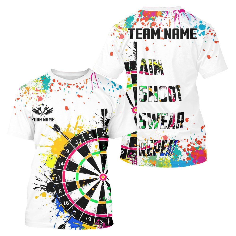 Funny Colorful Paint Aim Shoot Swear Repeat Darts T Shirts For Men Custom Darts Team Jersey |White TDM1585