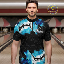 Load image into Gallery viewer, Man wearing a dreamy blue bowling quarter zip jersey during league competition front view.