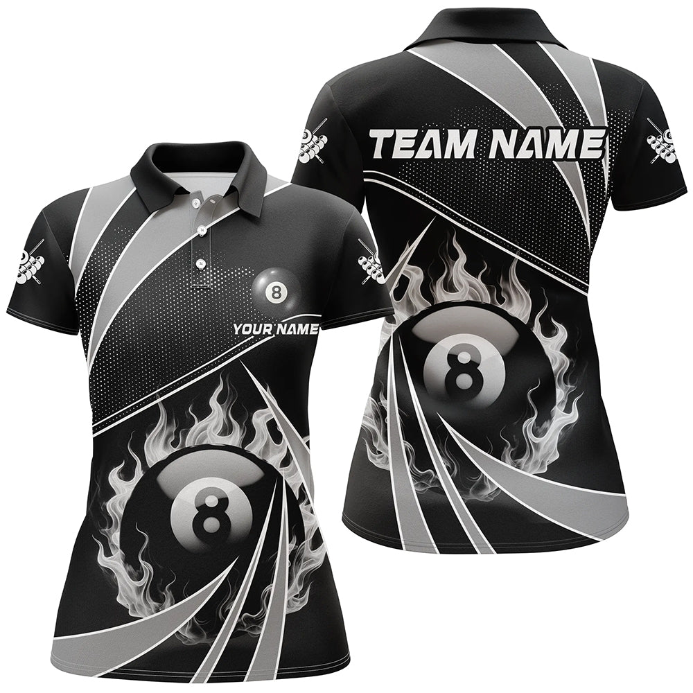 Personalized Grey And Black 8 Ball Pool Fire Custom Billiard Shirt For Women, Billiard Apparel Jersey TDM1974
