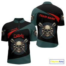 Load image into Gallery viewer, Grunge Skull And Dartboard Custom Quarter-zip Darts Shirt For Men - Darts Team Jersey NYN0700