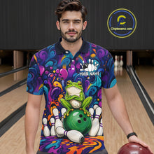 Load image into Gallery viewer, Man wearing personalized colorful funny frog bowling polo shirt front view.