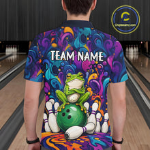 Load image into Gallery viewer, Man wearing personalized colorful funny frog bowling polo shirt back view.
