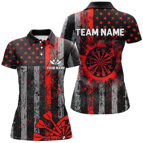 Custom Red Grunge US Flag Patriotic Darts Shirt For Women, Retro Darts Board Darts Team Jerseys TDM2183